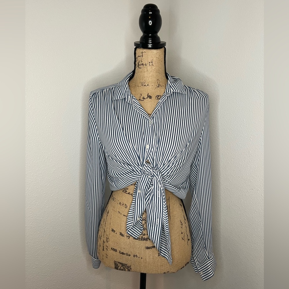 H&M Navy Blue Stripe Women Button Top